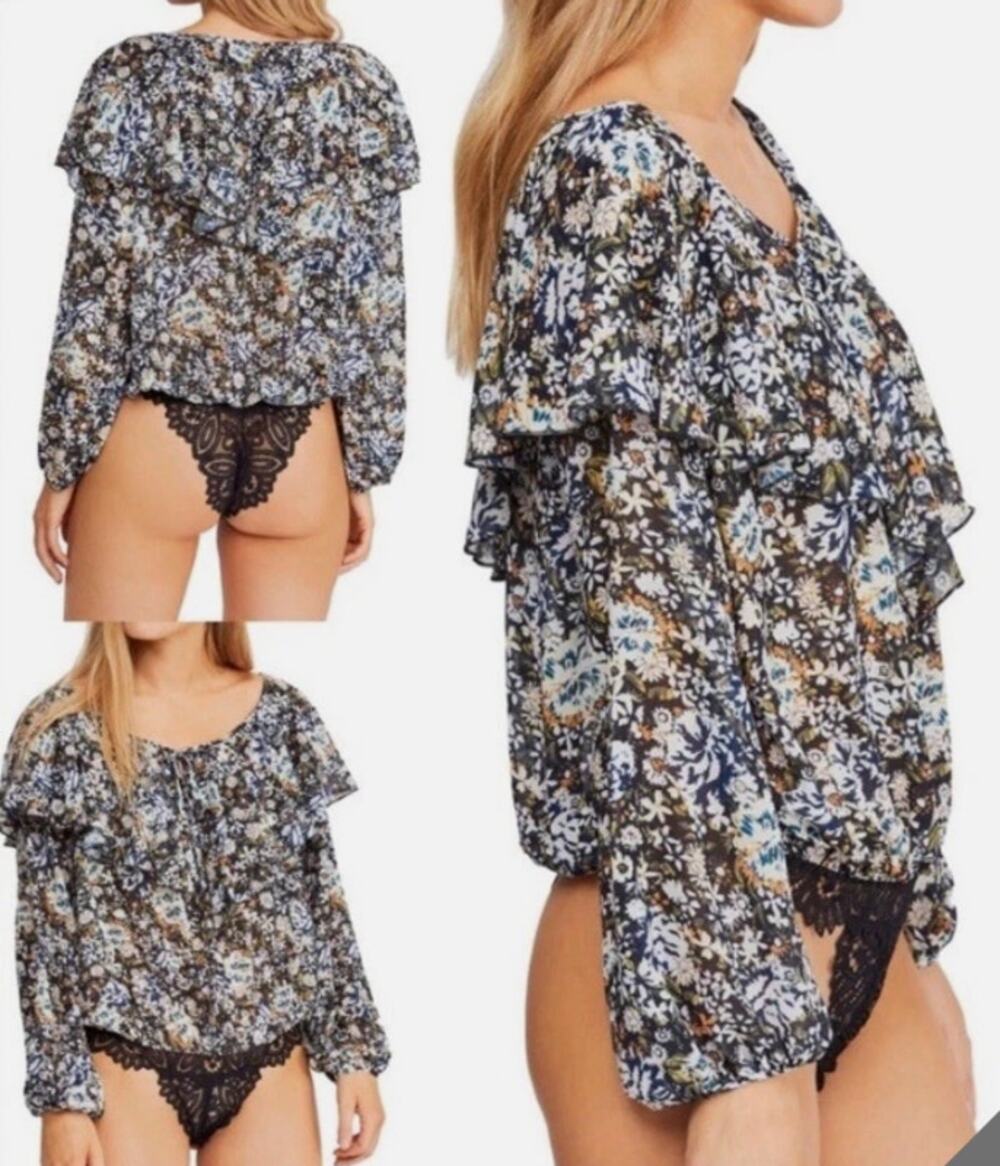 Intimately Free People Black Floral Silk-Feel Poet-Style Blouse Bodysuit Small